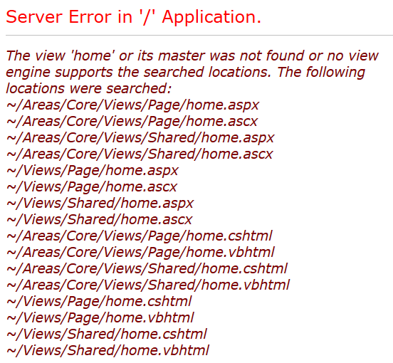 Server Error. View 'home' was not found.